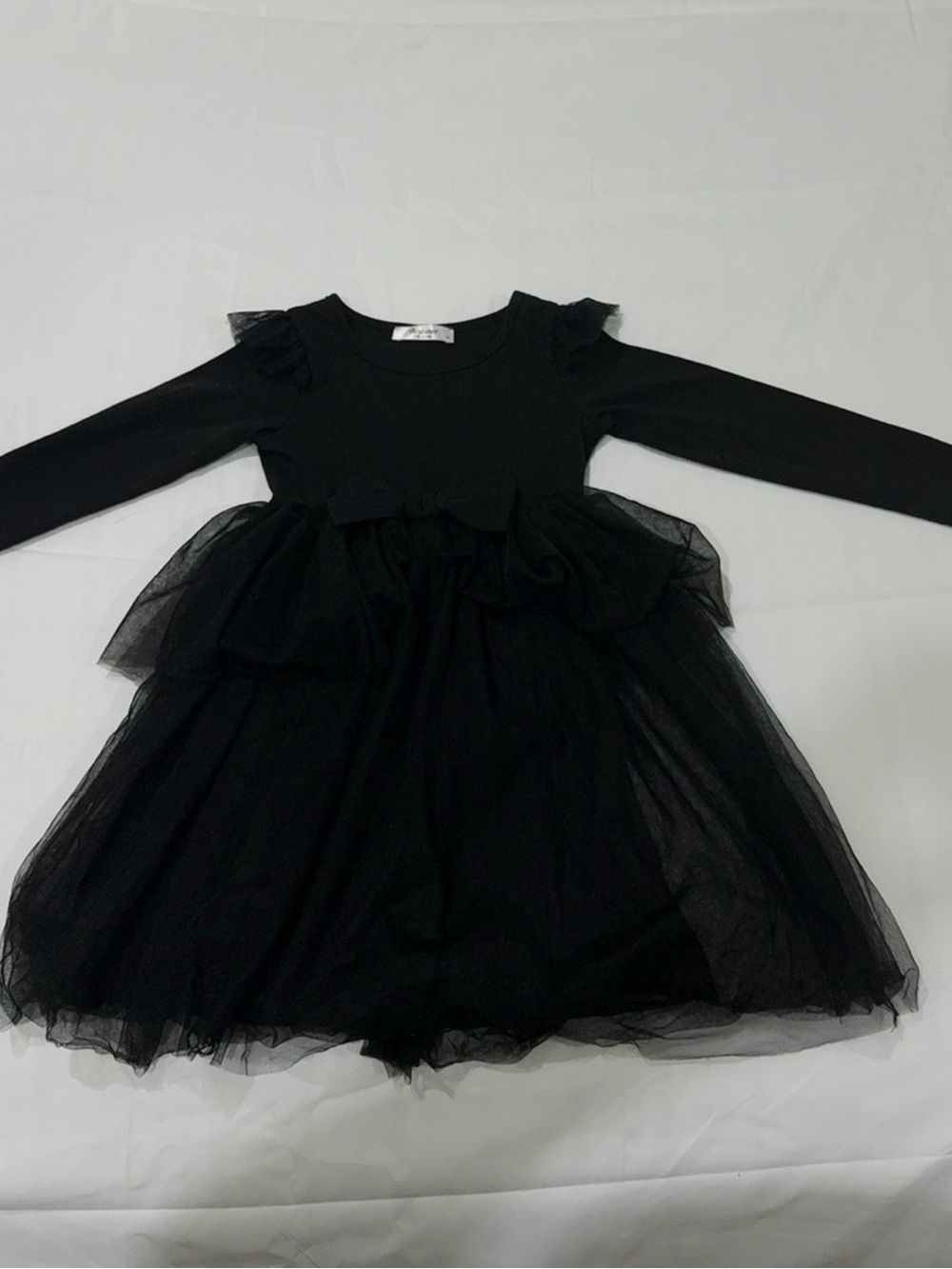 Arshiner Black Tulle Dress Long Sleeve Ruffle